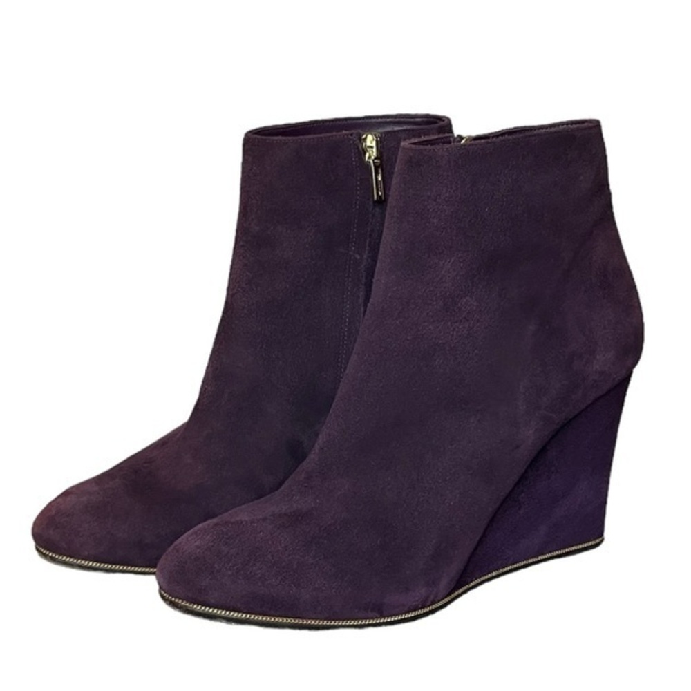 Salvatore Ferragamo Fiamma Suede Wedge Ankle Boots Plum Purple Booties Size‎ 8.5